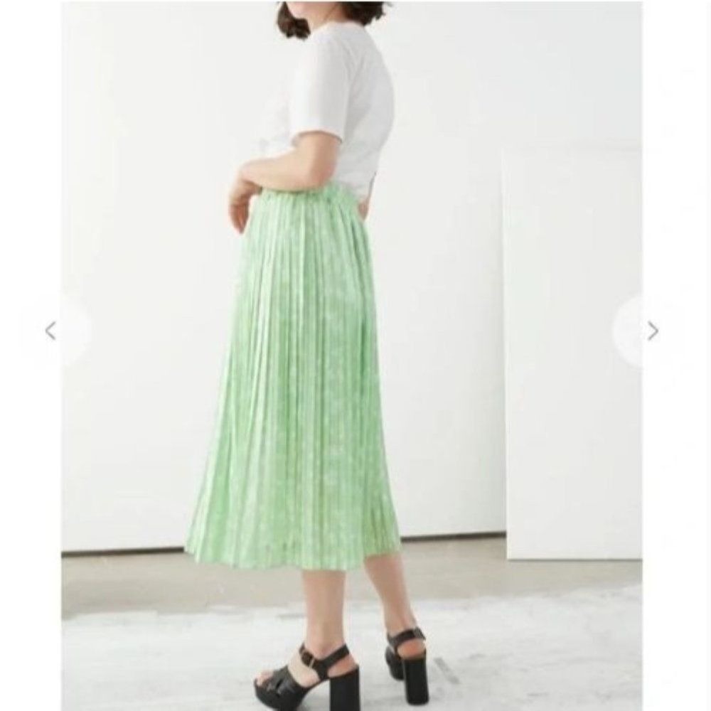 & Other Stories Midi Skirt Mint Green Ditsy Floral Pleated Elastic Waist Size 2